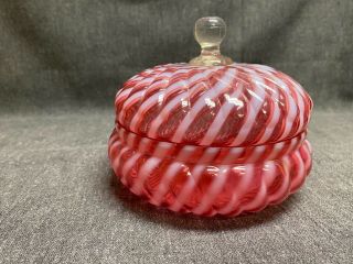 Antique Vintage Cranberry Opalescent Glass Dish With Lid Covered Dish