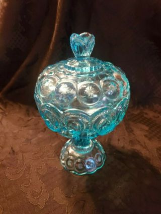Vintage Le Smith Moon & Stars Covered Glass Pedestal Candy/compote Dish Blue