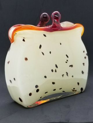 Murano Style Art Glass Purse Handbag Vase Planter Kiss Lock Brown Spotted