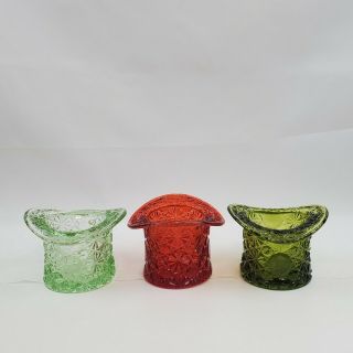 Set Of 3 Vtg Fenton Art Glass 2 Green 1 Red Daisy & Button Top Hats Candy Dish