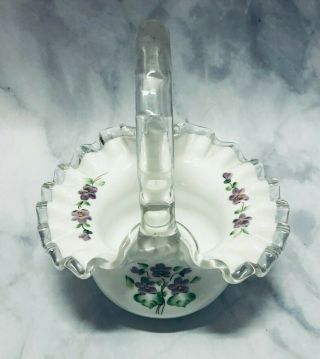 Vintage Fenton Glass:violets In The Snow Basket Hand Painted/signed