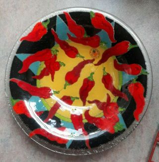 Peggy Karr Signed Fused Art Glass Plate/bowl Chili Peppers Usa Red Black Yellow