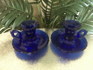Vintage Set Of 2 Cobalt Blue Glass Candle Holders With Finger Loop