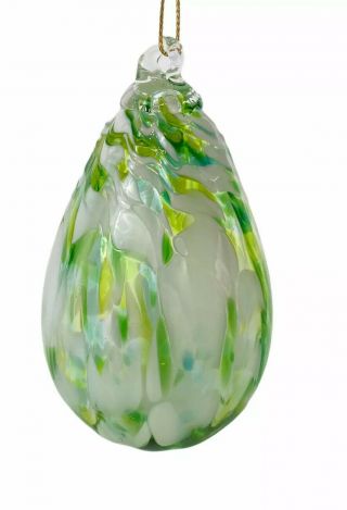 Vtg Kitras Art Glass Pear Tear Drop Green/ White Ornament Witch Ball 4.  5” H