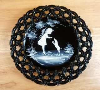 Vintage Westmoreland Mary Gregory Plate Girl With Hat And Dog Black Milk Glass