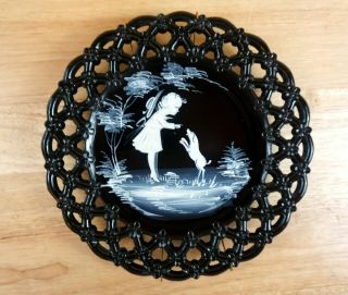 Vintage Westmoreland MARY GREGORY PLATE GIRL WITH HAT AND DOG Black Milk Glass 2