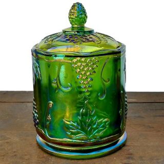 Vtg Indiana Carnival Glass Green Lidded Jam Candy Cookie Jar Grape & Leaf Usa