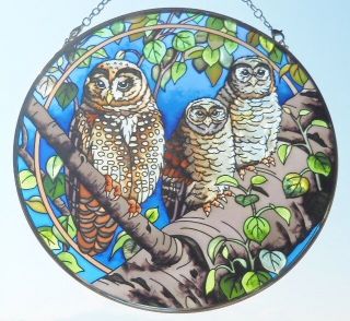 Amia Glass " Spotted Owls " Round Suncatcher - Hand Painted -