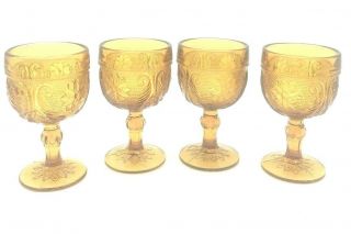 Vintage Set Of 4 Indiana Tiara Amber Sandwich Pattern Small Wine Goblet Glasses