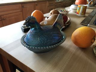 Vintage Blue Carnival Glass - Hen On Nest - Indiana Glass Co.  - 2891
