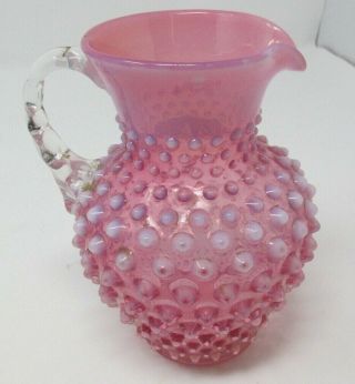 Fenton Opalescent Hobnail Cranberry Pitcher Clear Lid 6 " Creamer Syrup Red White