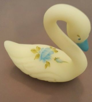 Custard Fenton Swan With Hand - Painted Blue Roses Signed By Artist,  Blue Beak