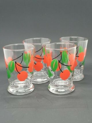 Set Of 4 Retro Vintage Cherry Juice Glasses - Clear With Red Cherries