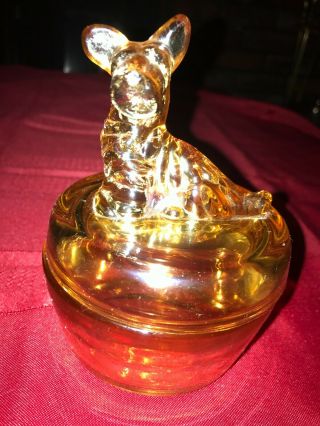 Jeanette Scottie Dog Marigold Carnival Glass Lidded Powder Jar Trinket Dish 5½ "