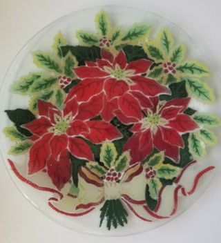 Peggy Karr Fused Glass Round 11” Plate Christmas Poinsettia