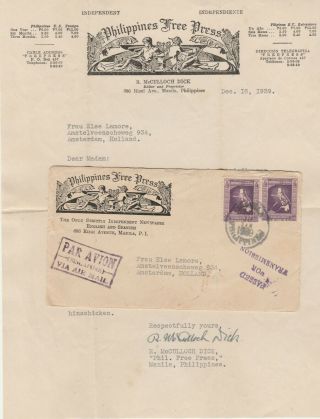 Philippines Press Cover Letter Censored Singapore Via Airmail 1939 Holland