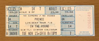 1988 Prince Lovesexy Tour Seattle Concert Ticket Stub Little Red Corvette 1999