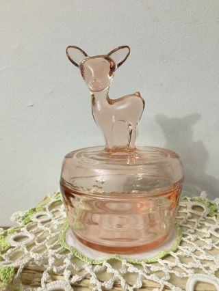 Vintage Jeannette Pink Depression Glass Deer Fawn Lidded Powder Or Trinket Dish