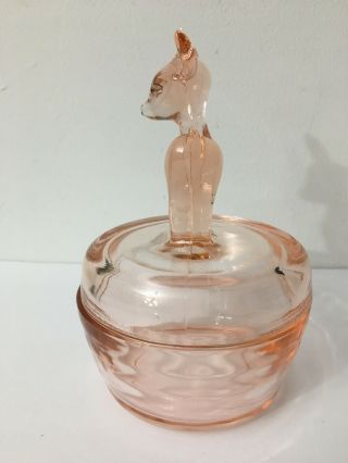 Vintage Jeannette Pink Depression Glass Deer Fawn Lidded Powder or Trinket Dish 2