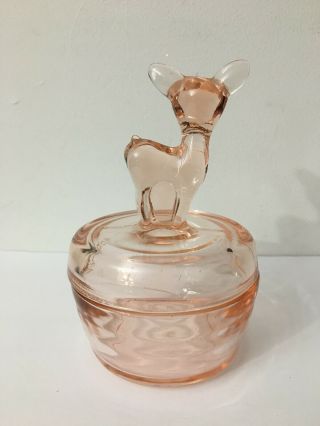 Vintage Jeannette Pink Depression Glass Deer Fawn Lidded Powder or Trinket Dish 3