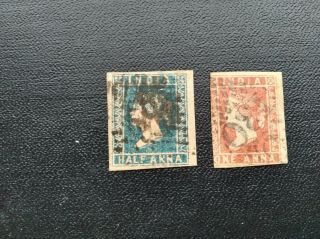 India 1854 Qv 1/2a Blue,  1a Red