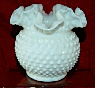 Vintage Fenton Milk Glass Hobnail 5 1/4 Inch Vase Fluted Ruffled Top Edge Exc