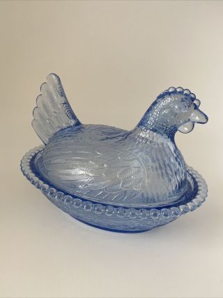Light Blue Indiana Glass Hen On Nest Chicken Covered Candy Dish