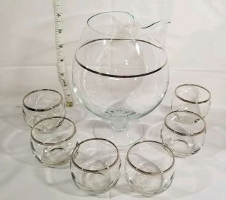 Vtg Dorothy Thorpe Era 6 Silver Rim Roly Poly Snifter Cordial Glasses & Pitcher