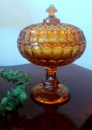 Antique Fenton Amber Glass Candy Dish,  Lidded Pedestal Thumbprint Vintage