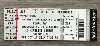 Pearl Jam 10/27/2014 Moline Ticket Stub No Code Full Album Lightning Bolt Tour