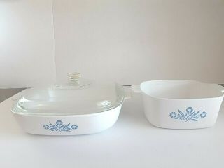 (2) Vintage Corning Ware Blue Cornflower P - 10 - B Square With Lid A - 1 1/2 - B No Lid