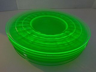 7 8 1/4  Vaseline Glass Block Optic Green Lunch Plates Anchor Hocking - 1929 - 33