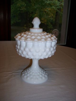Fenton Milk Glass Hobnail Pedestal Candy Dish / Jar With Lid