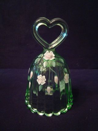 Fenton Hand Painted,  Artist Signed,  Green Glass Bell W/ Heart Handle 5 - 1/2 " Tall