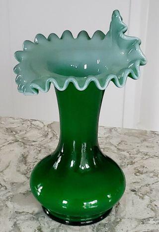 Vintage Emerald Green On Pale Green Cased Glass Vase With Ruffled Edge