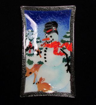 Peggy Karr Snowman & Friends Rectangle Dish 6 X 9.  5 " Fused Glass Deer - Signed
