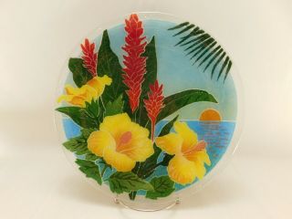 Retired Peggy Karr Fused Glass 11 " Tuscany Plate Signed Beach Floral