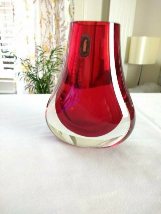 Whitefriars - Ruby Red Glass Teardrop Vase Makers Label