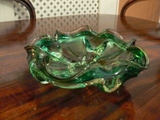 Vintage Murano Style Large Art Glass Bowl 20cms Diameter In Green/clear