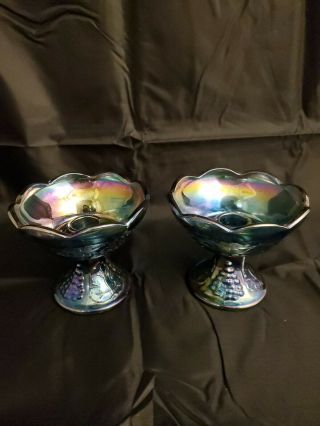 Vintage Set Of Blue Indiana Carnival Glass 4 " Footed Candle Holders