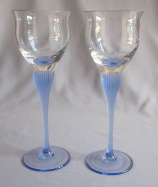 2 Wine Goblets Glasses Mikasa Crystal Sea Mist Sapphire Frosted Stem 8 3/8 "