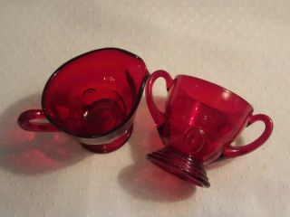 Vintage Martinsville Glass Co.  Moondrops Ruby Red Glass Mini Cream And Sugar