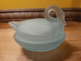 Vintage Imperial Glass Ice Blue Swan Trinket Or Candy Dish Hen On A Nest