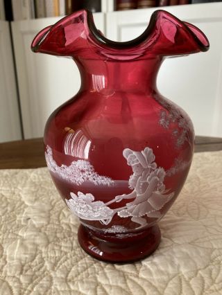 Fenton Art Vase Cranberry Hand - Painted Signed T.  Gaskins " Along For The Ride "
