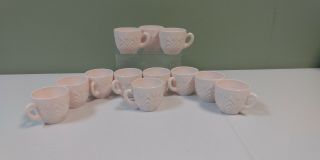 Vintage Jeannette Shell Pink Milk Glass Feather Pattern Cups Set Of 12