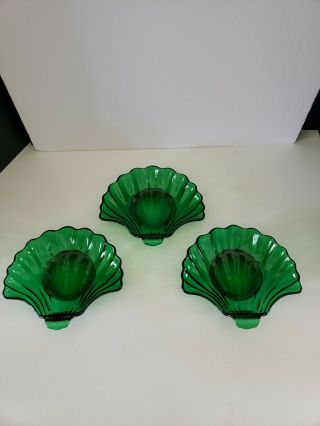 Set Of 3 Vintage Anchor Hocking Forest Green Glass Shell Dessert Bowls