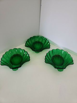 Set of 3 Vintage Anchor Hocking Forest Green Glass Shell Dessert Bowls 2