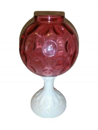 Fenton Cranberry / Ruby & Milk Glass Footed Ivy Ball / Vase