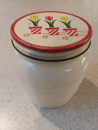 Vintage Fire King Anchor Hocking Ivory Grease Jar With Tulips On Lid