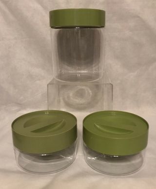 Set Of 3 Vintage Pyrex Stack - N - See Canisters Avocado Green Lids Glass Containers